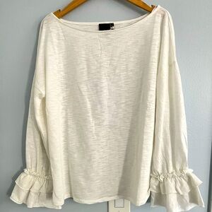 Ruffle Cuffed Slub Knit Wide Neck Tee